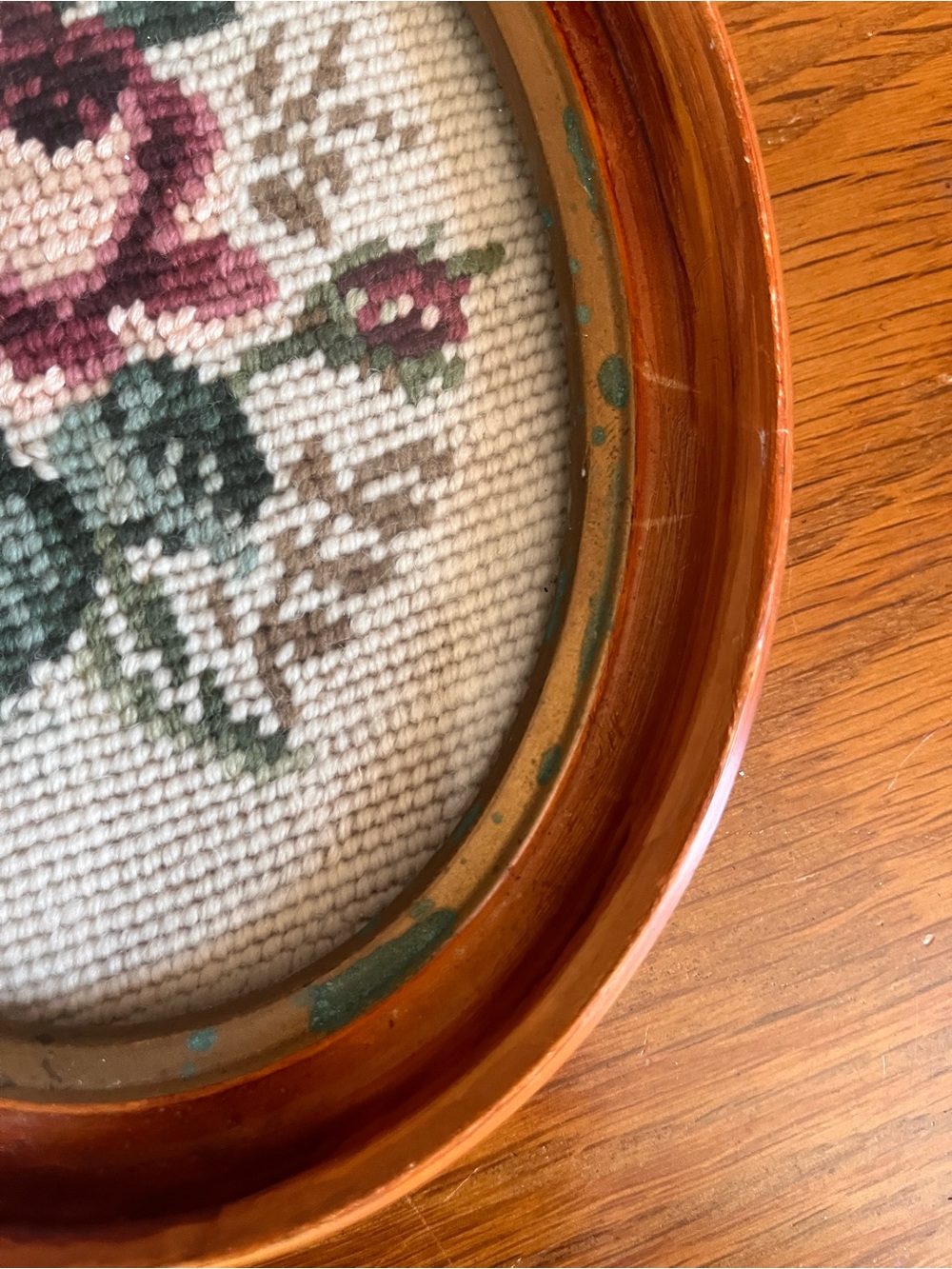 Vintage Floral Needlepoint in Wood and Brass Frame - Picture 6 of 7